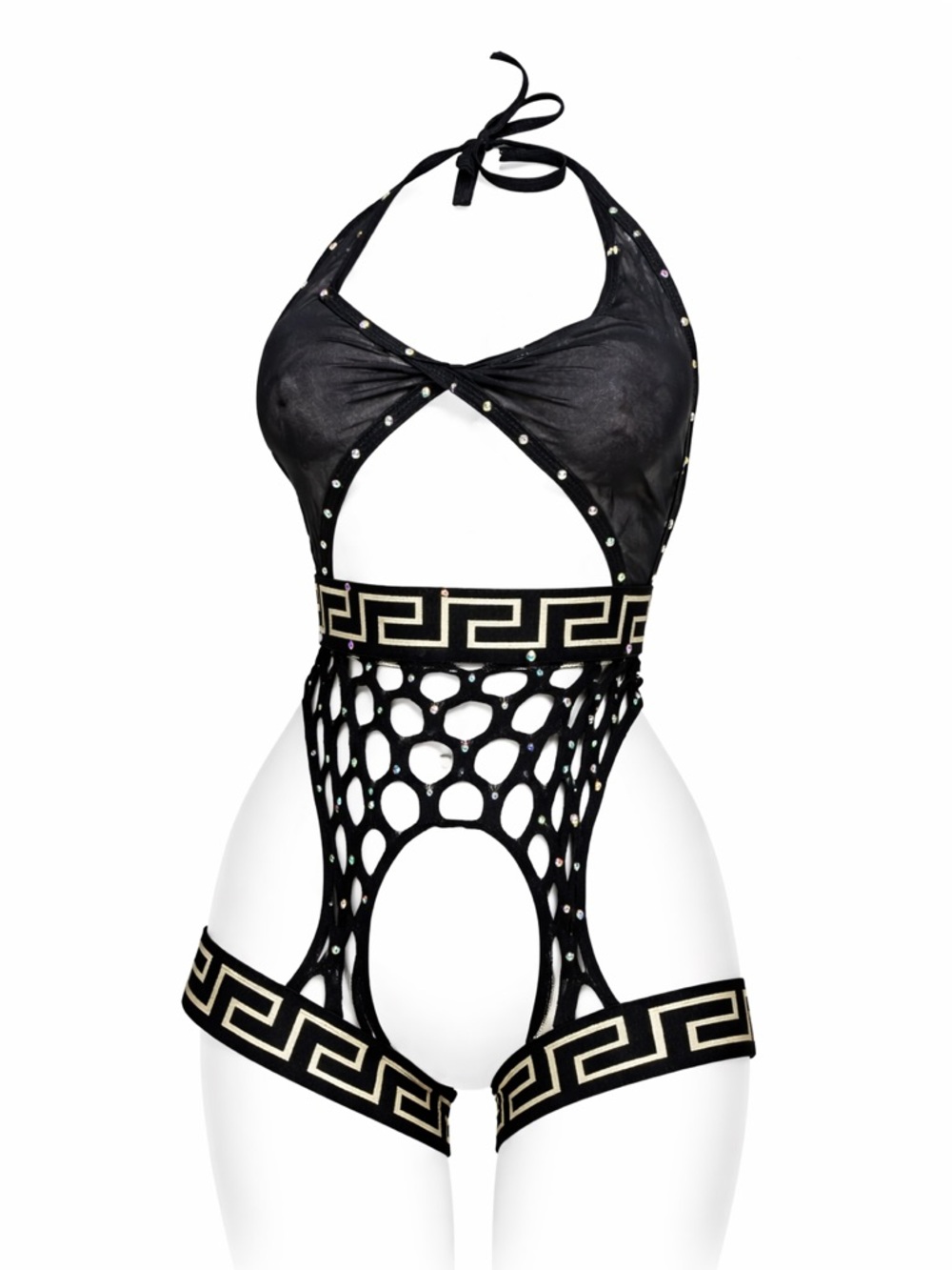 NWT Venus unveiled greek Mediterranean Black body suit bling netted festival OS